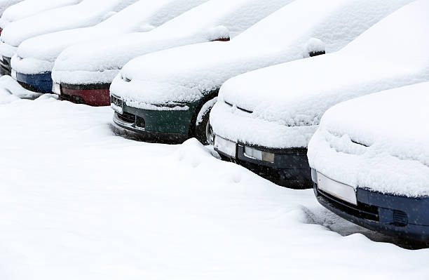 Parking lot with cars covered in fresh snow